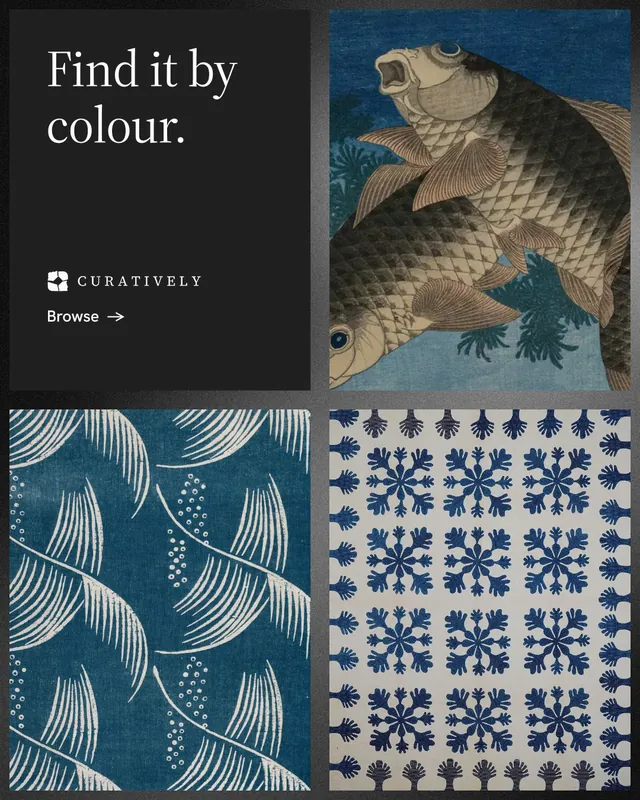 Instagram portrait post for Curatively: "Find it by colour." Minimal luxury style, collage layout, dark palette in black, blue, grey.