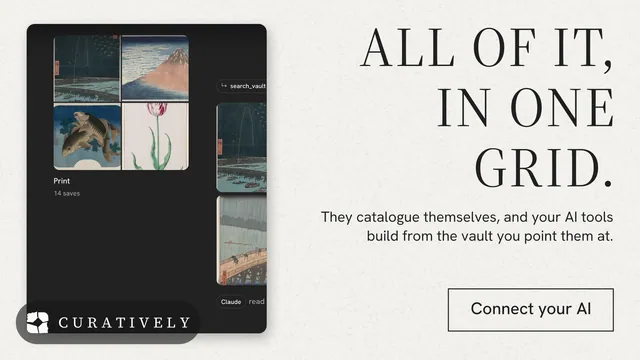 Landscape graphic for Curatively: "All of it, in one grid." Editorial style, right layout, light palette in white, black, grey.