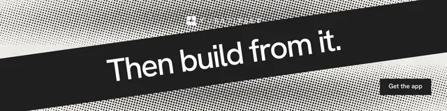 LinkedIn banner for Curatively: "Then build from it." Swiss style, diagonal layout, dark palette in black, grey.