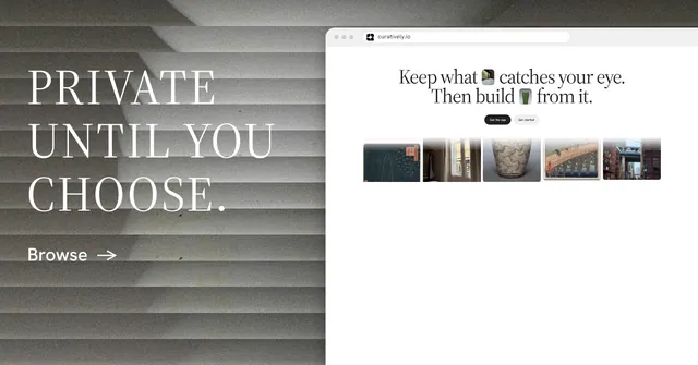Social ad for Curatively: "Private until you choose." Minimal luxury style, browser layout, light palette in white, grey.