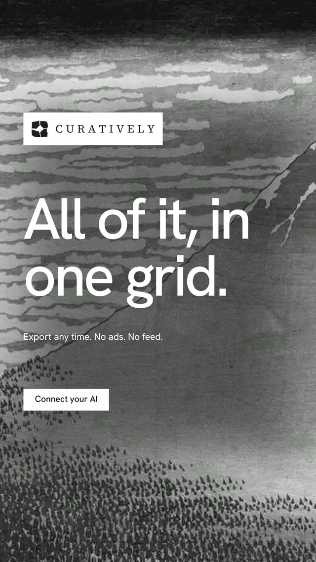 Instagram story for Curatively: "All of it, in one grid." Swiss style, announce layout, dark palette in grey, black.