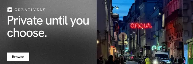 X header for Curatively: "Private until you choose." Swiss style, bottom layout, dark palette in black, grey, blue.