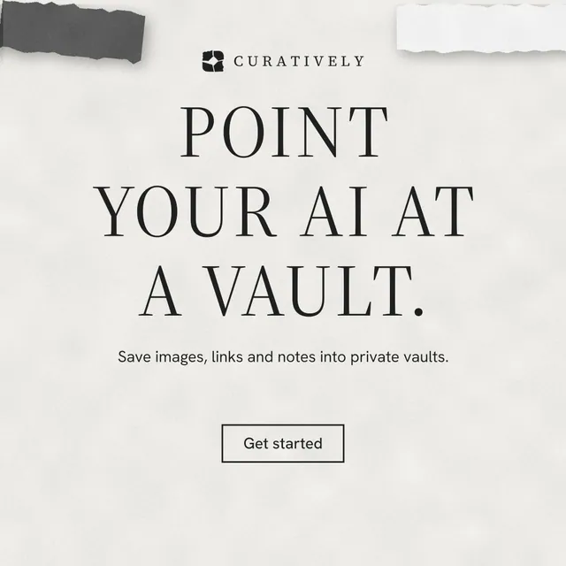 Instagram post for Curatively: "Point your AI at a vault." Editorial style, centred layout, light palette in white, grey.