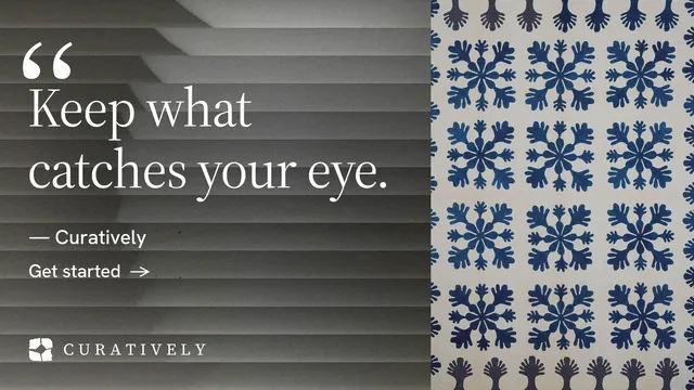 Landscape graphic for Curatively: "Saved, sorted and yours." Minimal luxury style, quote layout, dark palette in grey.