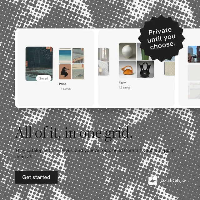 Instagram post for Curatively: "All of it, in one grid." Split block style, sticker layout, light palette in grey, white.