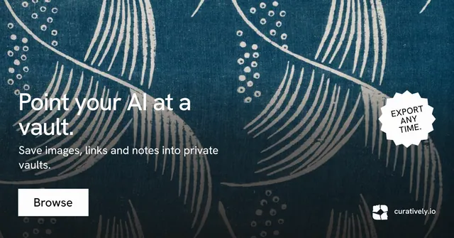 Social ad for Curatively: "Point your AI at a vault." Swiss style, sticker layout, dark palette in black, blue, grey.