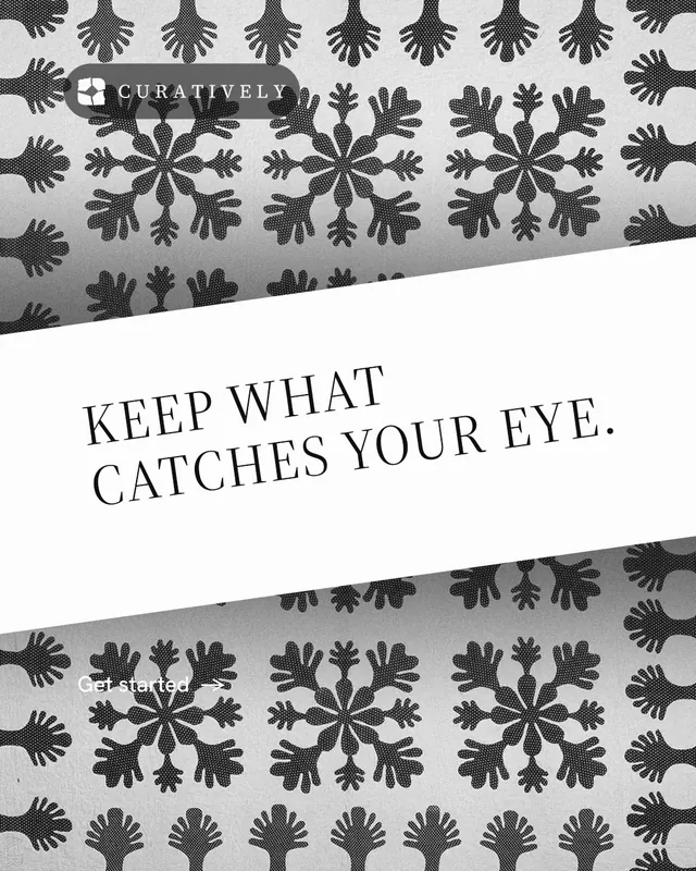 Instagram portrait post for Curatively: "Keep what catches your eye." Minimal luxury style, diagonal layout, light palette in white, grey.