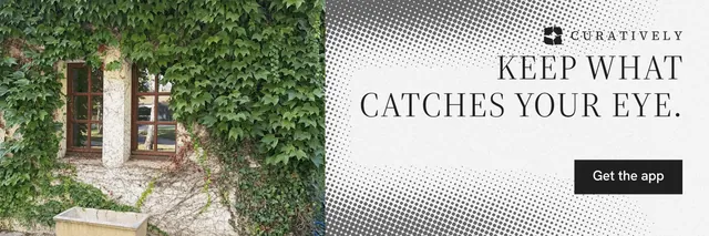X header for Curatively: "Keep what catches your eye." Split block style, right layout, light palette in white, green, grey.
