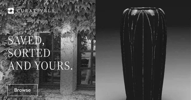 Social ad for Curatively: "Saved, sorted and yours." Editorial style, bottom layout, dark palette in grey, black.