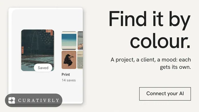 Landscape graphic for Curatively: "Find it by colour." Editorial style, right layout, light palette in white, grey.