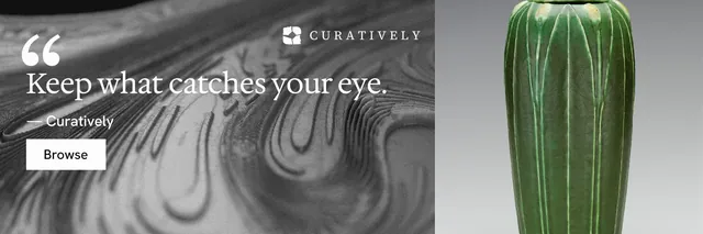 X header for Curatively: "It catalogues itself." Swiss style, quote layout, light palette in grey.
