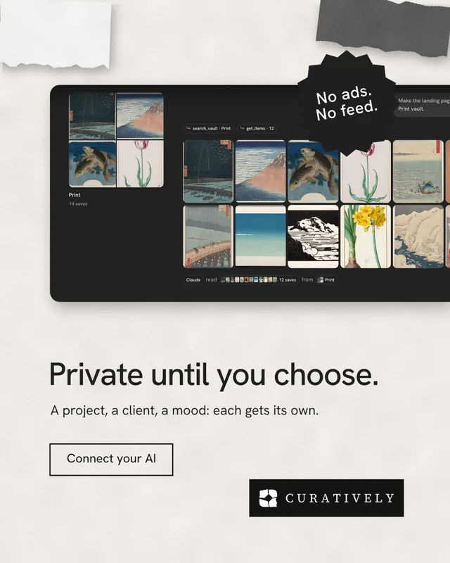 Instagram portrait post for Curatively: "Private until you choose." Editorial style, sticker layout, light palette in white, black, grey.