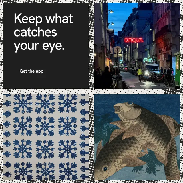 Instagram post for Curatively: "Keep what catches your eye." Swiss style, collage layout, dark palette in grey, black, blue.