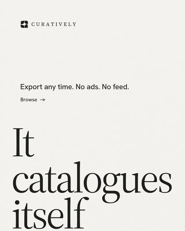 Instagram portrait post for Curatively: "Save it from anywhere." Minimal luxury style, oversized layout, light palette in white, grey.