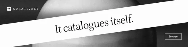 LinkedIn banner for Curatively: "It catalogues itself." Editorial style, diagonal layout, light palette in white, black, grey.