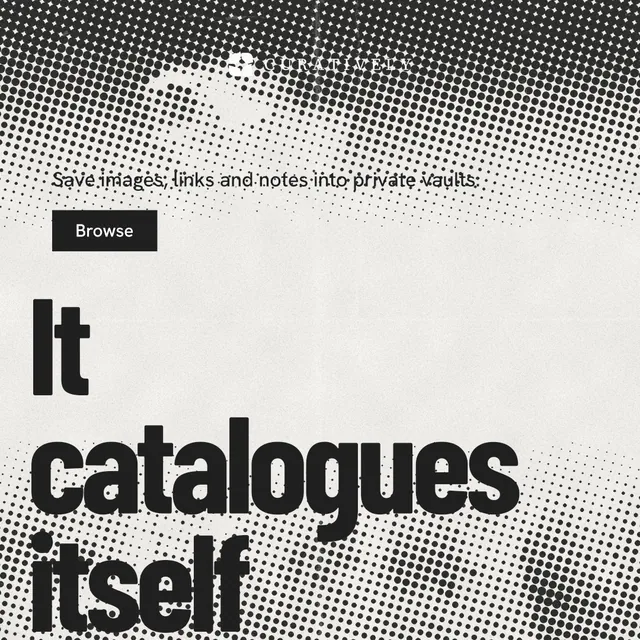 Instagram post for Curatively: "Keep a vault for each thing you make." Retro print style, oversized layout, light palette in grey, white.