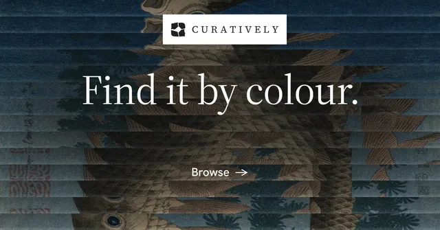 Social ad for Curatively: "Find it by colour." Minimal luxury style, centred layout, dark palette in black, blue, grey.