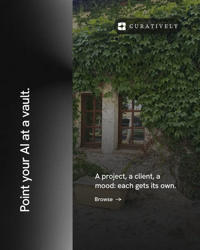 Instagram portrait post for Curatively: "Point your AI at a vault." Minimal luxury style, vertical layout, dark palette in black, grey.