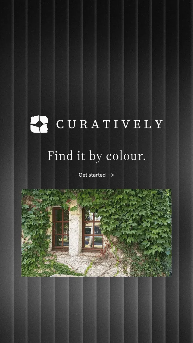 Instagram story for Curatively: "Find it by colour." Minimal luxury style, logo hero layout, dark palette in black, grey.
