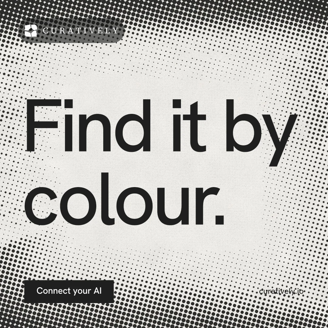 Instagram post for Curatively: "Find it by colour." Swiss style, poster layout, light palette in grey, white.