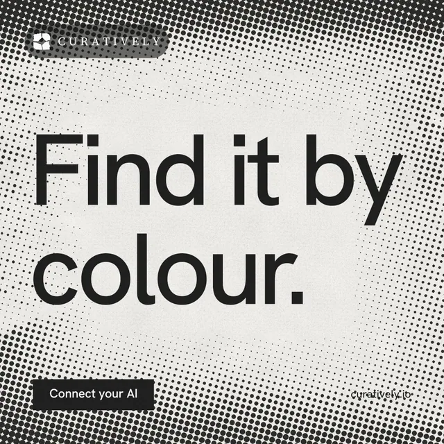 Instagram post for Curatively: "Find it by colour." Swiss style, poster layout, light palette in grey, white.