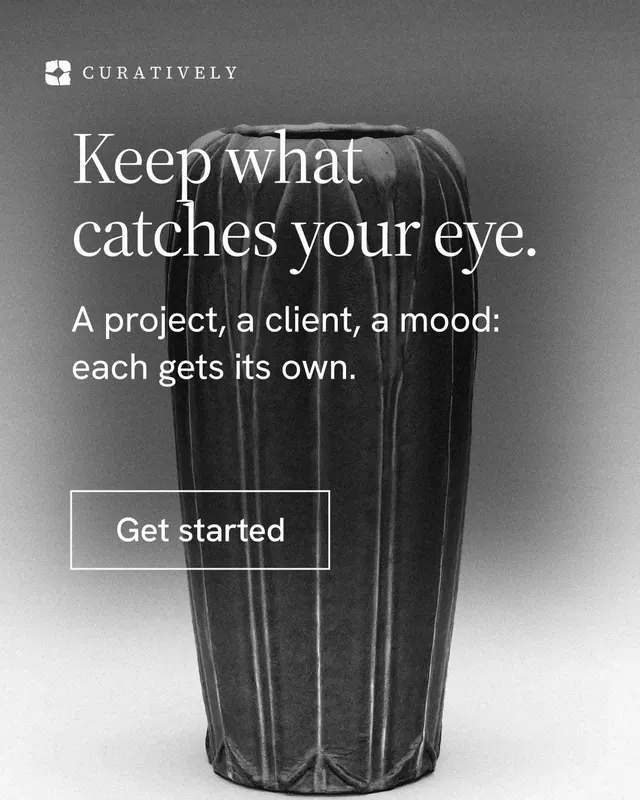 Instagram portrait post for Curatively: "Keep what catches your eye." Editorial style, skeleton layout, light palette in grey, black, white.