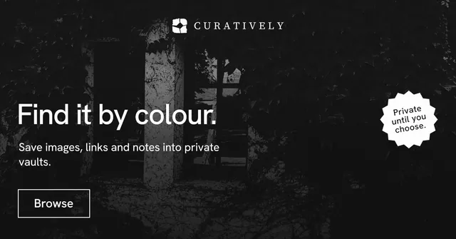 Social ad for Curatively: "Find it by colour." Editorial style, sticker layout, dark palette in black, grey.