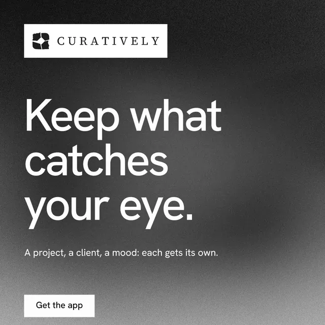 Instagram post for Curatively: "Keep what catches your eye." Swiss style, announce layout, dark palette in black, grey, white.