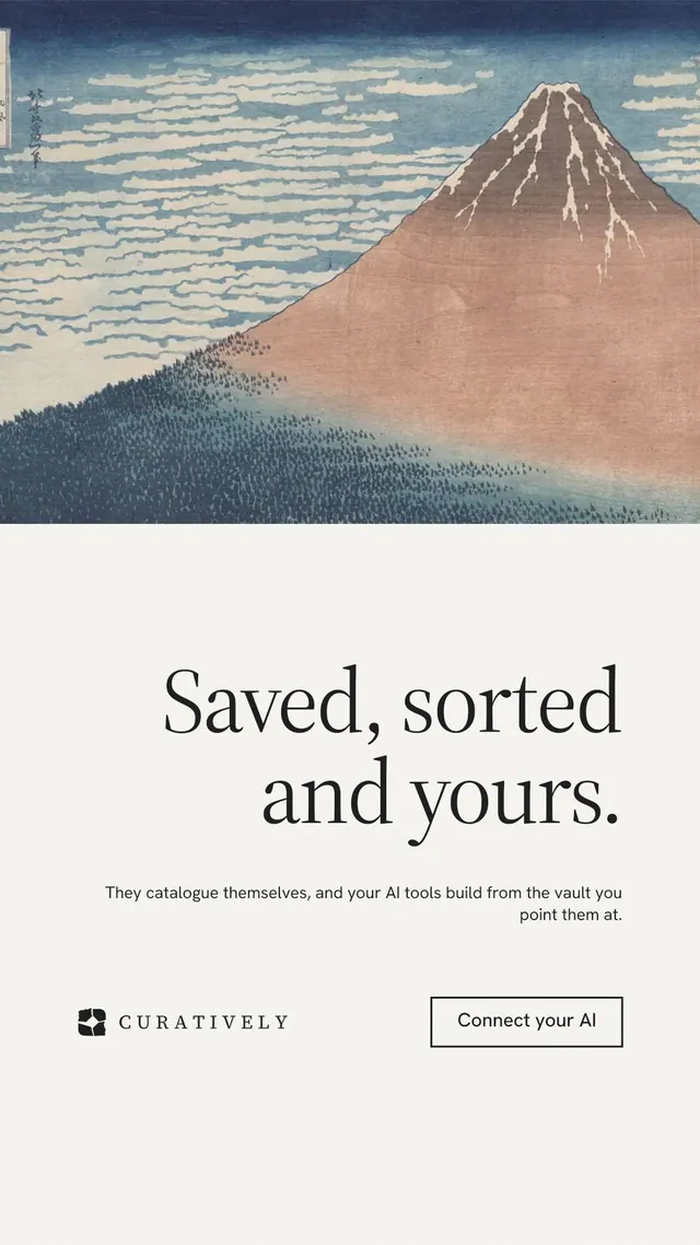 Instagram story for Curatively: "Saved, sorted and yours." Editorial style, right layout, light palette in white, grey.