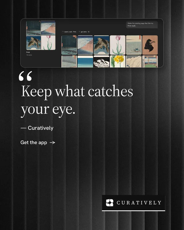 Instagram portrait post for Curatively: "Keep a vault for each thing you make." Minimal luxury style, quote layout, dark palette in black, grey.