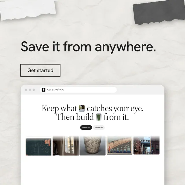 Instagram post for Curatively: "Save it from anywhere." Editorial style, browser layout, light palette in white, grey.