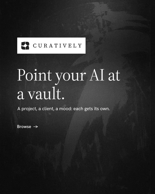 Instagram portrait post for Curatively: "Point your AI at a vault." Minimal luxury style, announce layout, dark palette in black, grey.