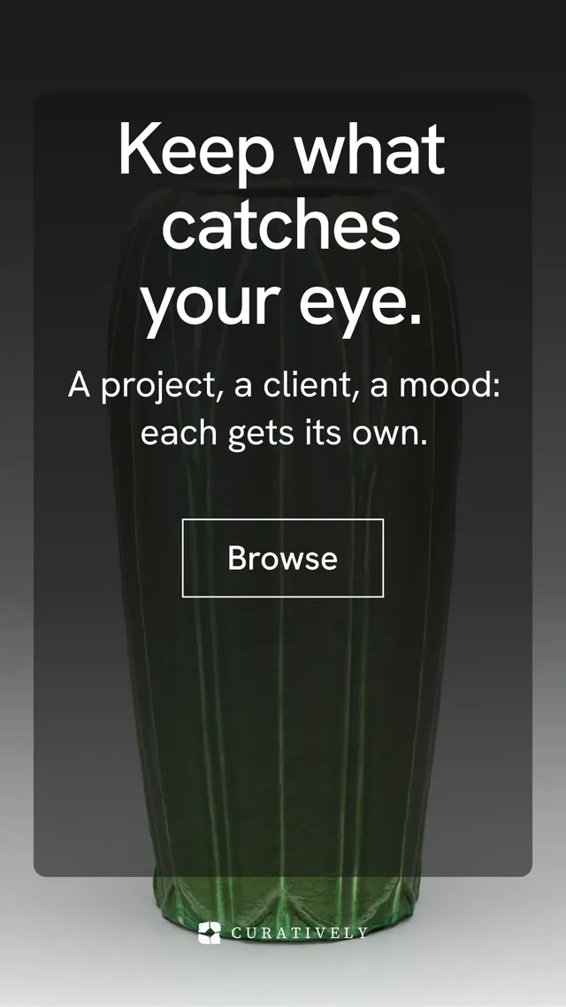 Instagram story for Curatively: "Keep what catches your eye." Editorial style, skeleton layout, dark palette in black, grey.