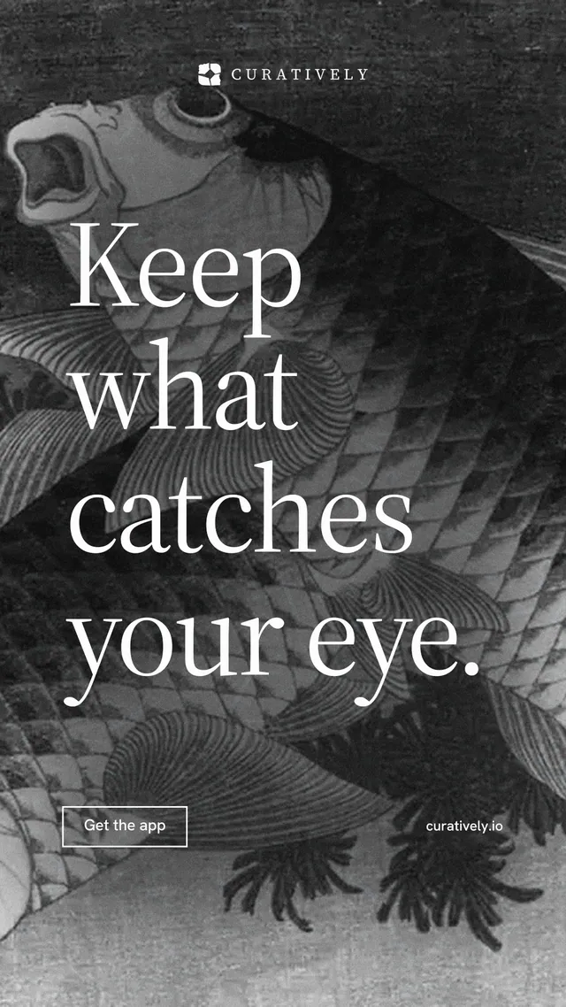 Instagram story for Curatively: "Keep what catches your eye." Editorial style, poster layout, dark palette in black, grey.