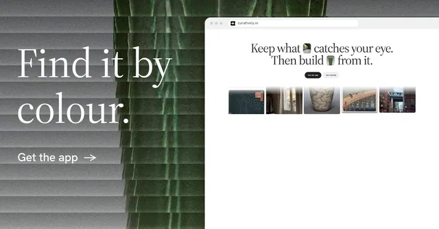Social ad for Curatively: "Find it by colour." Minimal luxury style, browser layout, light palette in white, black, grey.