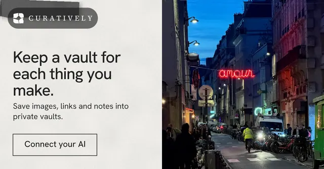 Social ad for Curatively: "Keep a vault for each thing you make." Editorial style, bottom layout, light palette in purple, white, grey.