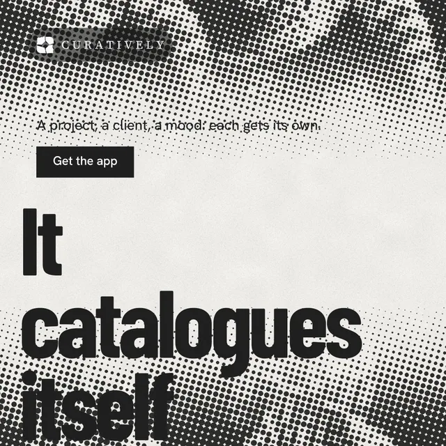 Instagram post for Curatively: "Then build from it." Retro print style, oversized layout, light palette in grey, white.