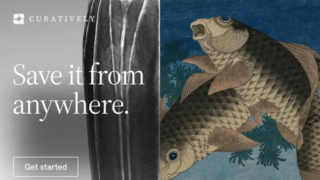 Landscape graphic for Curatively: "Save it from anywhere." Editorial style, bottom layout, dark palette in grey, black, blue.