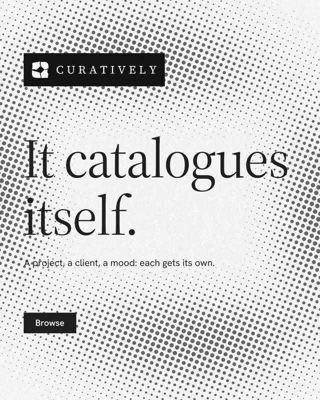 Instagram portrait post for Curatively: "It catalogues itself." Split block style, announce layout, light palette in white, grey.