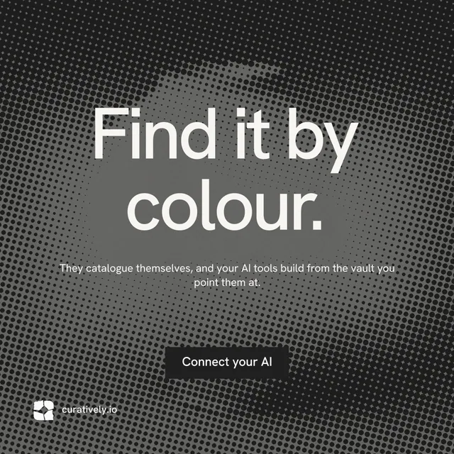 Instagram post for Curatively: "Find it by colour." Swiss style, centred layout, dark palette in black, grey.