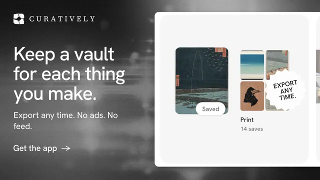 Landscape graphic for Curatively: "Keep a vault for each thing you make." Minimal luxury style, sticker layout, light palette in grey, white, black.