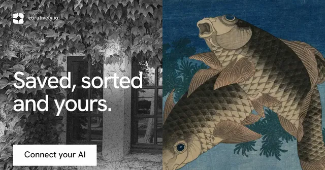 Social ad for Curatively: "Saved, sorted and yours." Swiss style, bottom layout, dark palette in grey, black, blue.