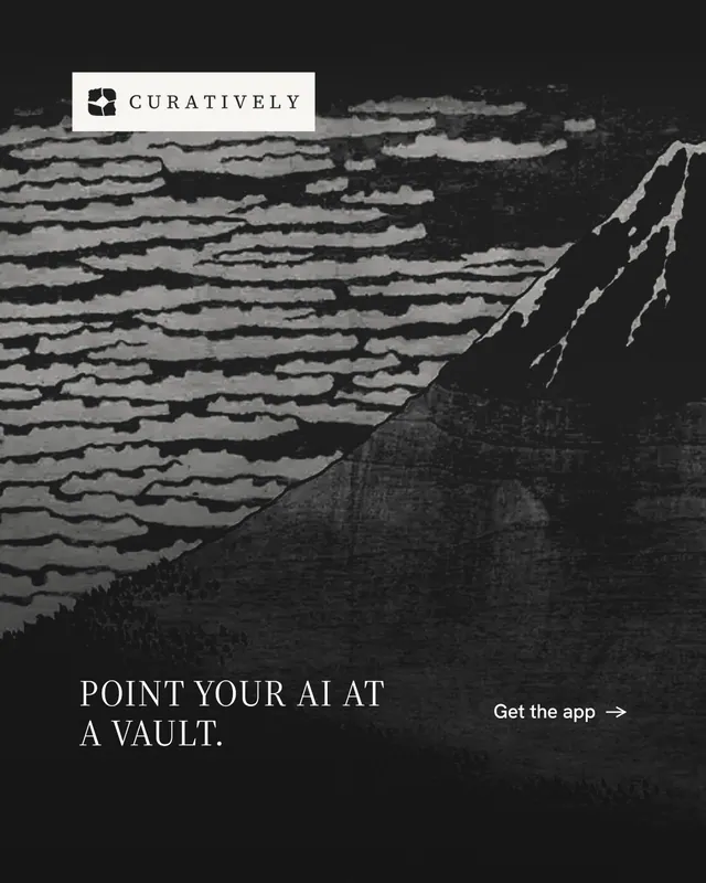 Instagram portrait post for Curatively: "Point your AI at a vault." Editorial style, image led layout, dark palette in black, grey.