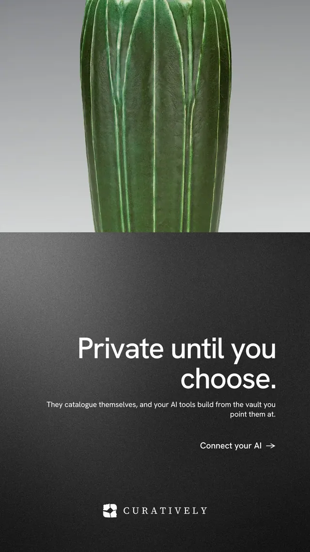 Instagram story for Curatively: "Private until you choose." Minimal luxury style, right layout, dark palette in black, grey.