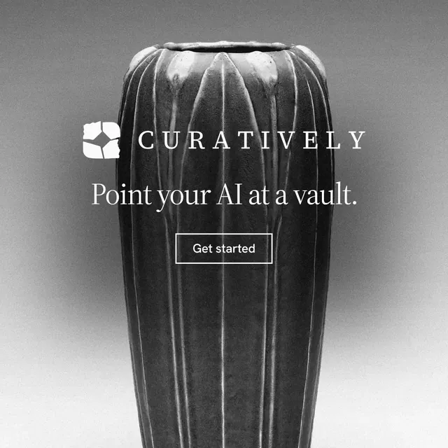 Instagram post for Curatively: "Point your AI at a vault." Editorial style, logo hero layout, light palette in grey, black, white.