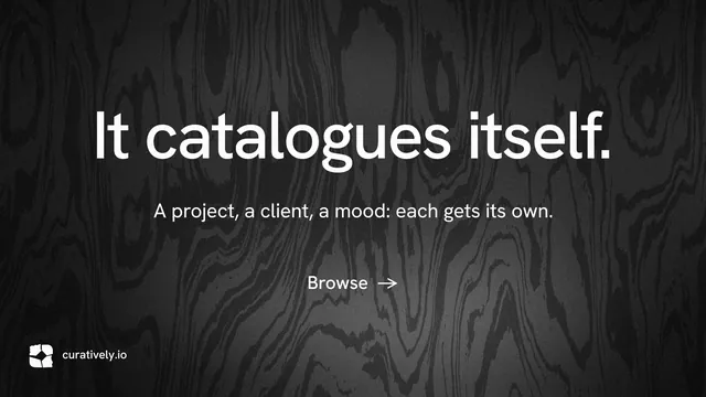 Landscape graphic for Curatively: "It catalogues itself." Minimal luxury style, centred layout, dark palette in black, grey.
