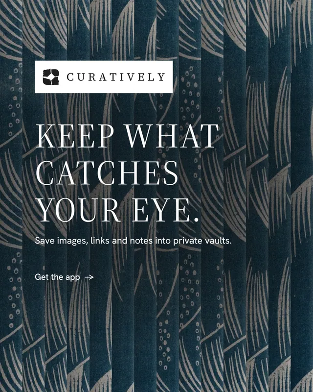 Instagram portrait post for Curatively: "Keep what catches your eye." Minimal luxury style, announce layout, dark palette in blue, black, grey.