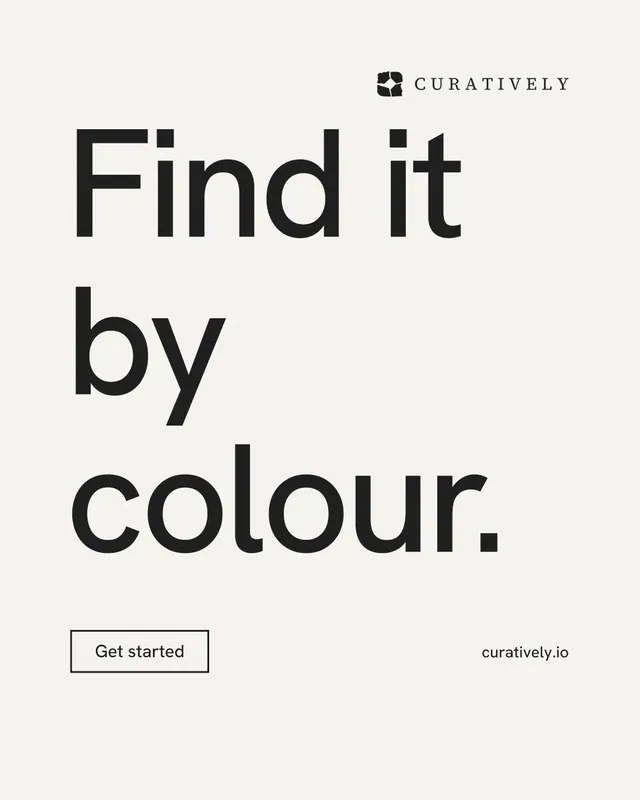 Instagram portrait post for Curatively: "Find it by colour." Editorial style, poster layout, light palette in white, grey.