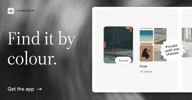 Social ad for Curatively: "Find it by colour." Minimal luxury style, sticker layout, light palette in black, grey, white.