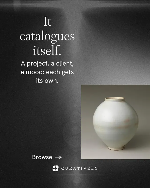 Instagram portrait post for Curatively: "It catalogues itself." Minimal luxury style, skeleton layout, dark palette in grey, black.